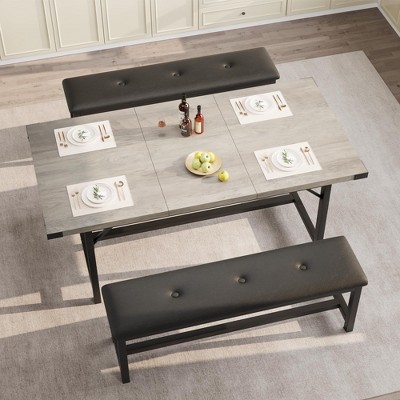 63" Extendable Dining Table Set for 4-6 with 2 Soft Benches, Wood Rectangle Kitchen Table for Apartment, Small Space, Easy Assembly