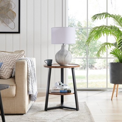 Walnut and Black Round Two-Tier Accent Table with Metal Legs