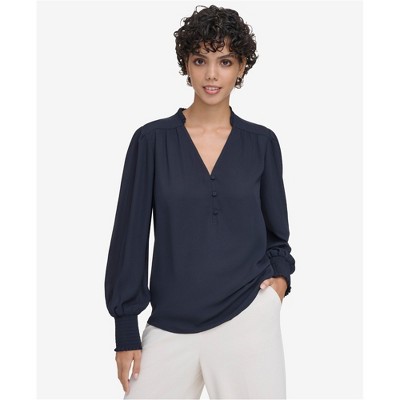 Calvin Klein Womens V Neck Smocked Cuff Pullover Blouse