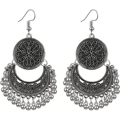 Boho Dangle Earrings with Moon, Disc & Tassel - Bohemian Hypoallergenic Drop Earrings for Women