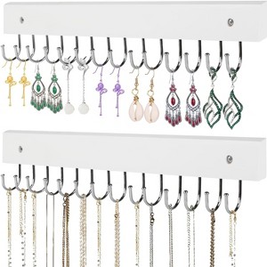2-Pack Wall Mounted Wooden Jewelry Organizer with 28 Hooks, Space-Saving Display for Necklaces, Earrings & Bracelets, White - 1 of 4