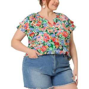 Agnes Orinda Women's Plus Size Floral Ruffle Trim V Neck Button Layered Sleeve Blouses - 1 of 4