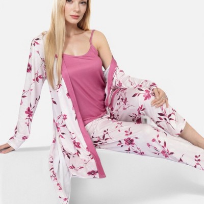 Anna-Kaci Lounge Women's Floral Print 3-Piece Pajama Set with Long Cardigan and Elastic Waist Pants