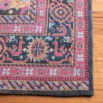 Navy and Pink Floral Motif Cotton Area Rug, 4' x 6'