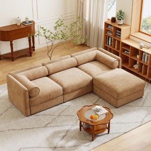 Elegant White Chenille  Sofa with Storage Seat and Ottoman, L-Shaped 3-Seater Cylindrical Backrest and Armrests - 1 of 4