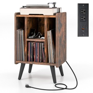 Tangkula Record Player Stand w/ Charging Station & USB Ports, Nightstand Side Table w/ Vinyl Storage Cabinet for Living Room Bedroom, Album Display Shelf Turntable Brown/Grey - 1 of 4