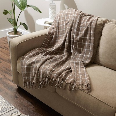 Brown and White Cotton Plaid Throw Blanket with Fringe