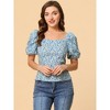 Allegra K Women's Puff Sleeve Square Neck Peasant Floral Blouse - 2 of 4