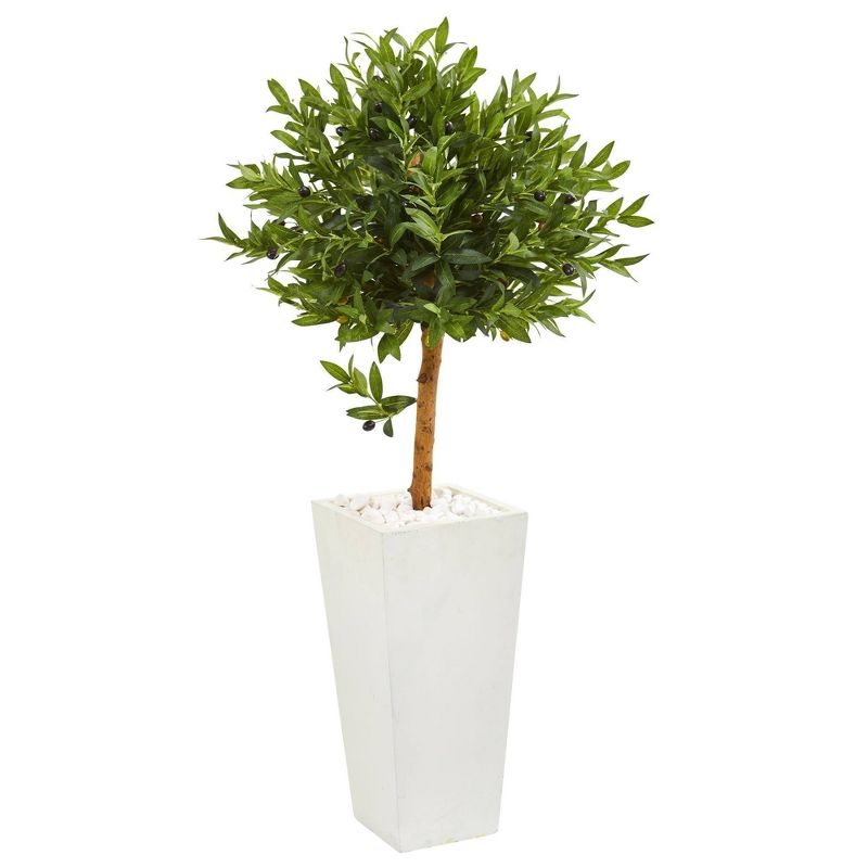 Nearly Natural 4-ft Olive Topiary Artificial Tree in White Planter(Indoor/Outdoor), 1 of 2