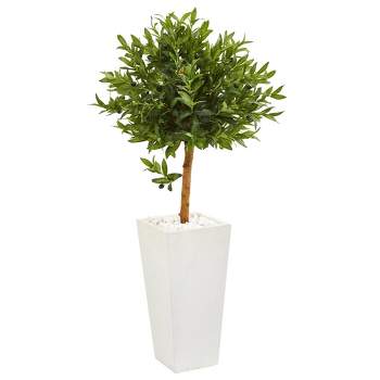 Nearly Natural 4-ft Olive Topiary Artificial Tree in White Planter(Indoor/Outdoor)