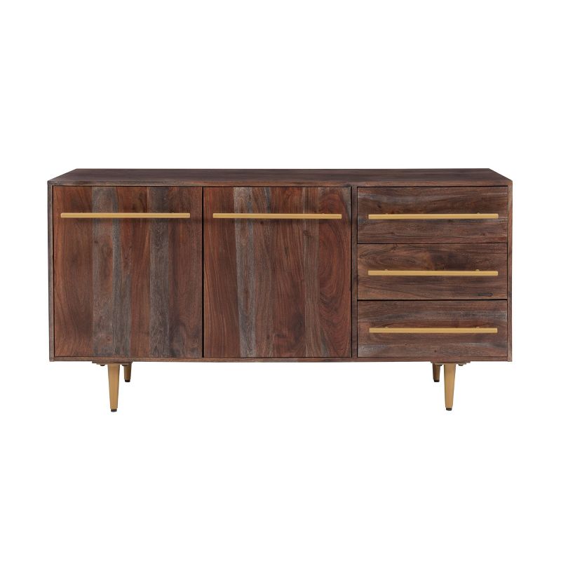 58&#34; Adair Mid Century Modern Storage Console Solid Wood Gold Handle 2 Doors 3 Drawer Brown - Powell, 5 of 16