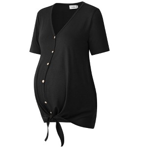 Coolmee Women Summer Maternity Loose Blouse Short Sleeve V Neck Button Down T Shirts Tie Front Knot Casual Tops - 1 of 4