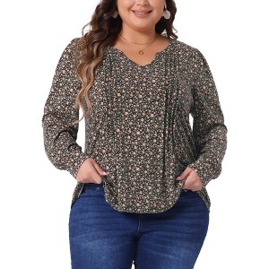 Agnes Orinda Women's Plus Size Floral Print Pleated Notch V Neck Long Sleeve Casual Blouses - 1 of 4