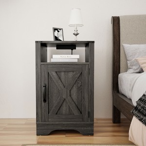 RoyalCraft Farmhouse Nightstand with Charging Station, Rustic End Table with Shelf and Storage for Bedroom or Home Office, Dark Grey - 1 of 4