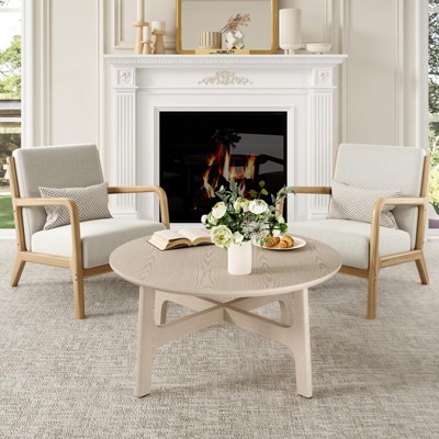 39" Round White Wood Coffee Table - Minimalist Cross Frame Design Waterproof & Non-Slip Easy Assembly for Living Room Hallway
