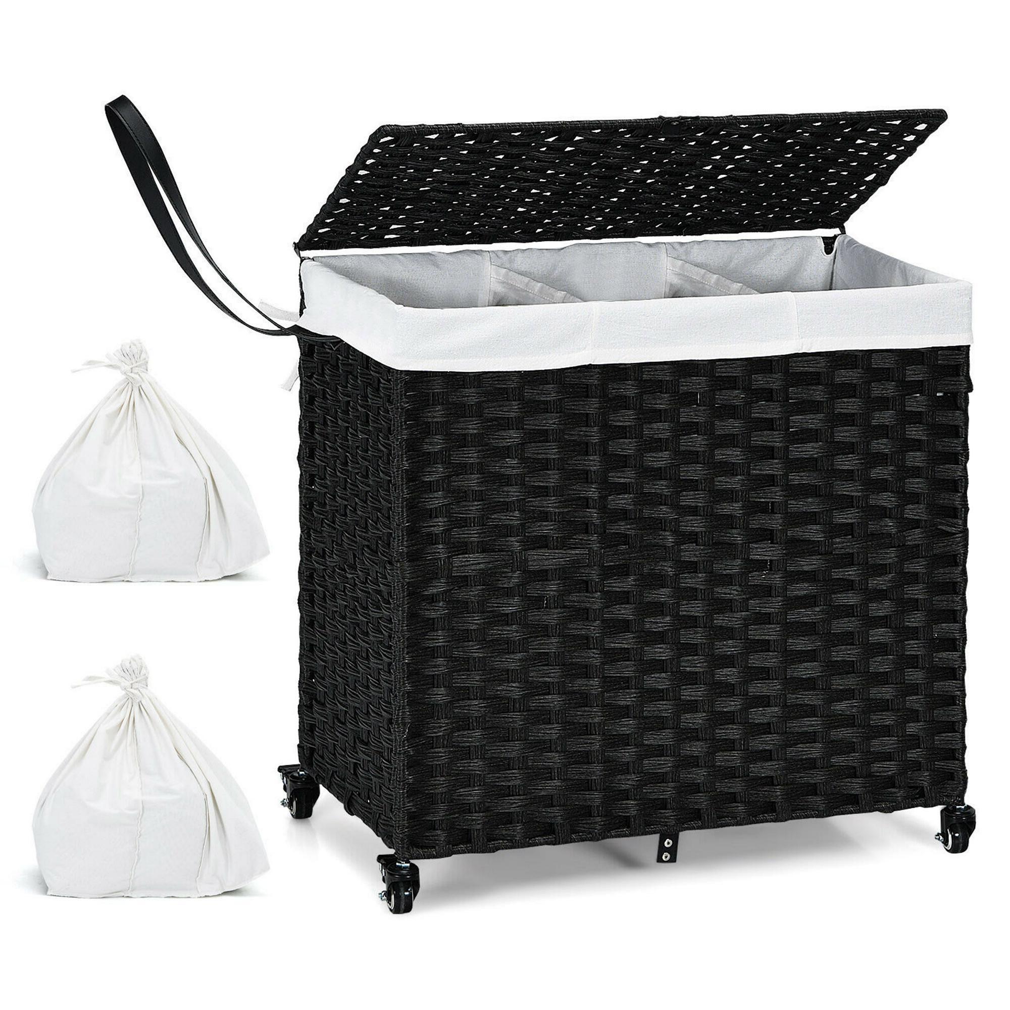 Laundry Hamper w/Wheels & Lid, 125L 3-Section Clothes Hamper w/2 Liner Bags Black