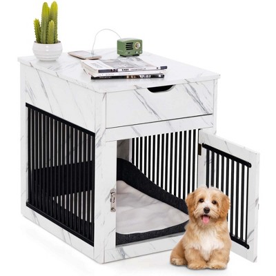 Costway 2-In-1 Furniture Dog Crate with Drawer Wired & Wireless Charging Side End Table Black/White/Rustic Brown