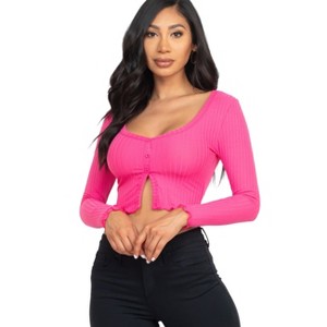 Slickblue Women's Ribbed Long Sleeve Button-Front Top, Cropped Fit, Casual Stretch Style, 10 Color Options, Size S-L - 1 of 4