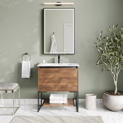 30" Walnut and White Glossy Bathroom Vanity with Shelf