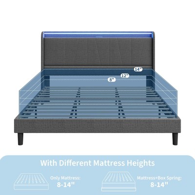 Bed Frame with Charging Station & LED Lights, Modern Platform Bed with Wooden Slats, Upholstered Headboard, No Box Spring, Easy Assembly