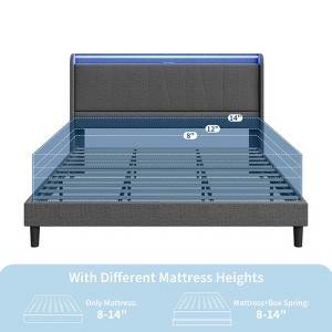 Bed Frame with Charging Station & LED Lights, Modern Platform Bed with Wooden Slats, Upholstered Headboard, No Box Spring, Easy Assembly - 1 of 4