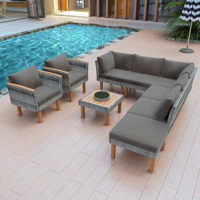 9 Pcs Outdoor Rattan Conversation Set, Patio Sofa Set Seating Group ...