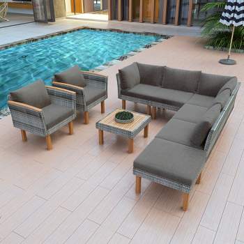 9-Piece Patio Rattan Furniture Set,Outdoor Conversation Set With Acacia Legs and Top,PE Rattan Sectional Sofa Set with Coffee Table,Washable Cushion