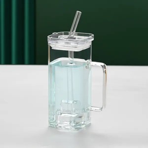 Glass Straw Cup, Square Glass Cup W/ Straw And Lid, High Borosilicate Glass Cup, Milk Cup, Juice Cup, Cold Drink Cup, Coffee Cup - 1 of 4