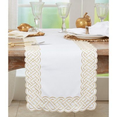 White and Gold Polyester Embroidered Table Runner