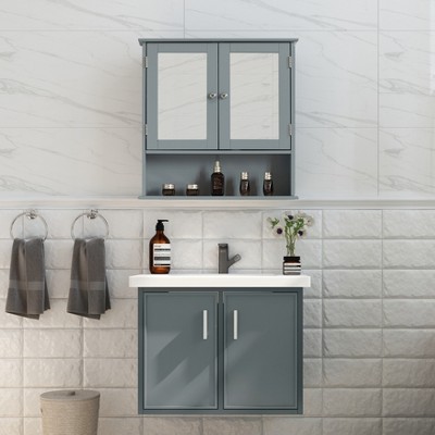 Gray Wall Mounted Mirror Cabinet with Adjustable Shelves