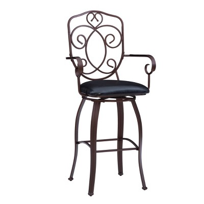 30" Clacy Crested Back Faux Leather Padded Seat Barstool with Arms Brown - Linon: Swivel, Metal Frame, Upholstered