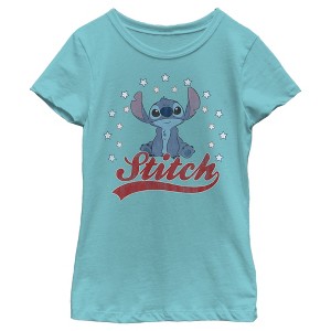 Girl's Lilo & Stitch Red, White, and Blue Stars T-Shirt - 1 of 4