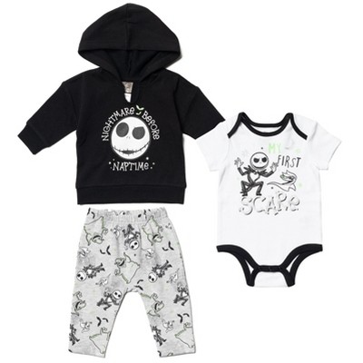 Image of Disney Nightmare Before Christmas,Newborn Baby Boy or Girl Hoodie Bodysuit and Pants 3 Piece Set Black/White 6-9 Months