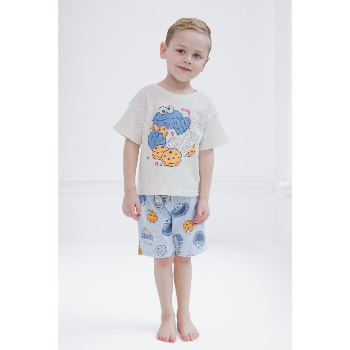 Sesame Street Cookie Monster Waffle Knit T-Shirt Shorts Outfit Set Toddler - thumbnail 2