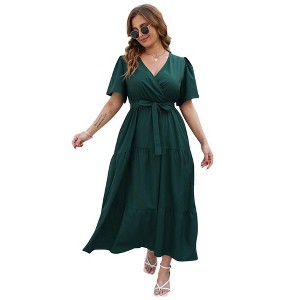 Garvee Women Plus Size V Neck Wrap Maxi Dress High Waist Ruffle Summer Casual Dress with Belt Short Sleeve - 1 of 4