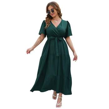 WhizMax Women Plus Size V Neck Wrap Maxi Dress High Waist Ruffle Summer Casual Dress with Belt Short Sleeve