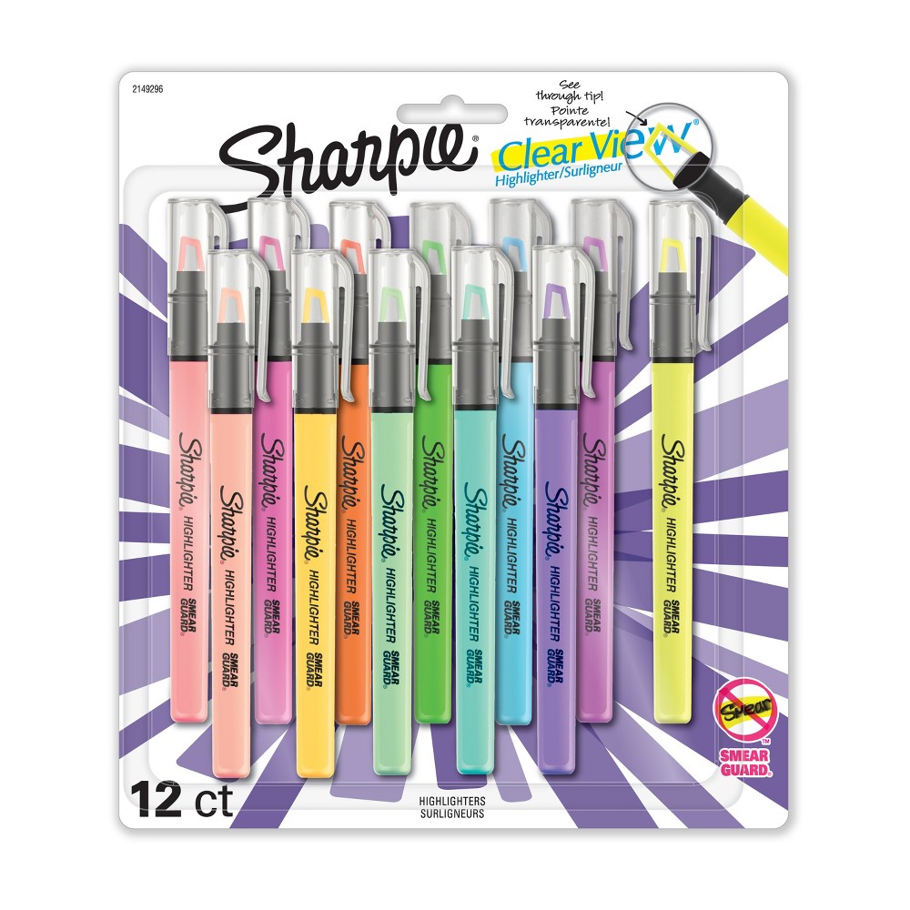 Sharpie Clear View 12pk Highlighters Chisel Tip Multicolored: Bold & Fine Markers for School Supplies