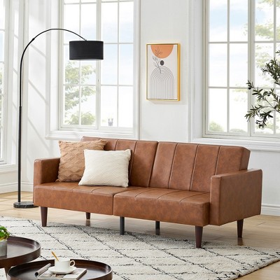 Garvee Convertible Sofa Bed, Adjustable Couch Sleeper Modern Faux Leather, Memory Foam Loveseat Sofa Bed, Couches for Living Room, Bedroom, Brown