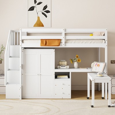 VYNXARIA Twin Size Loft Bed with Stairs, Bookshelf, Drawers, Desk & Wardrobe - Space-Saving White