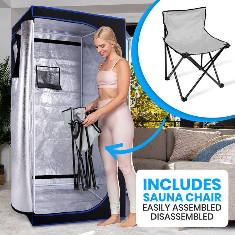 SereneLife Portable Full Size Personal Home Spa Steam Sauna with Hand Access Zippers, Remote Control, Timer, and Folding Chair, Black, 5 of 7