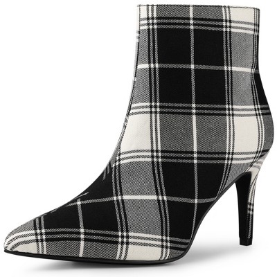 Allegra K Women's Plaid Pointed Toe Side Zip Stiletto Heel Ankle Boots