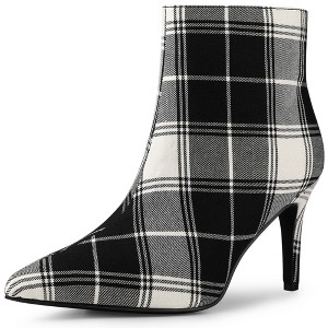 Allegra K Women's Plaid Pointed Toe Side Zip Stiletto Heel Ankle Boots - 1 of 4