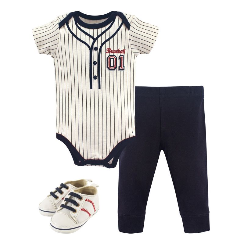 Little Treasure Baby Boy Cotton Bodysuit, Pant and Shoe 3pc Set, Baseball, 1 of 2