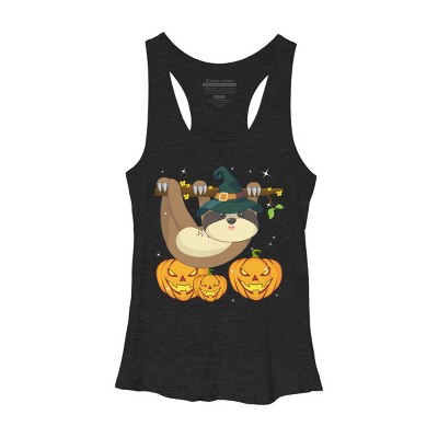 Women's Design By Humans Funny Witch Sloth With Jack O Lantern Halloween T-Shirt By thebeardstudio Racerback Tank Top