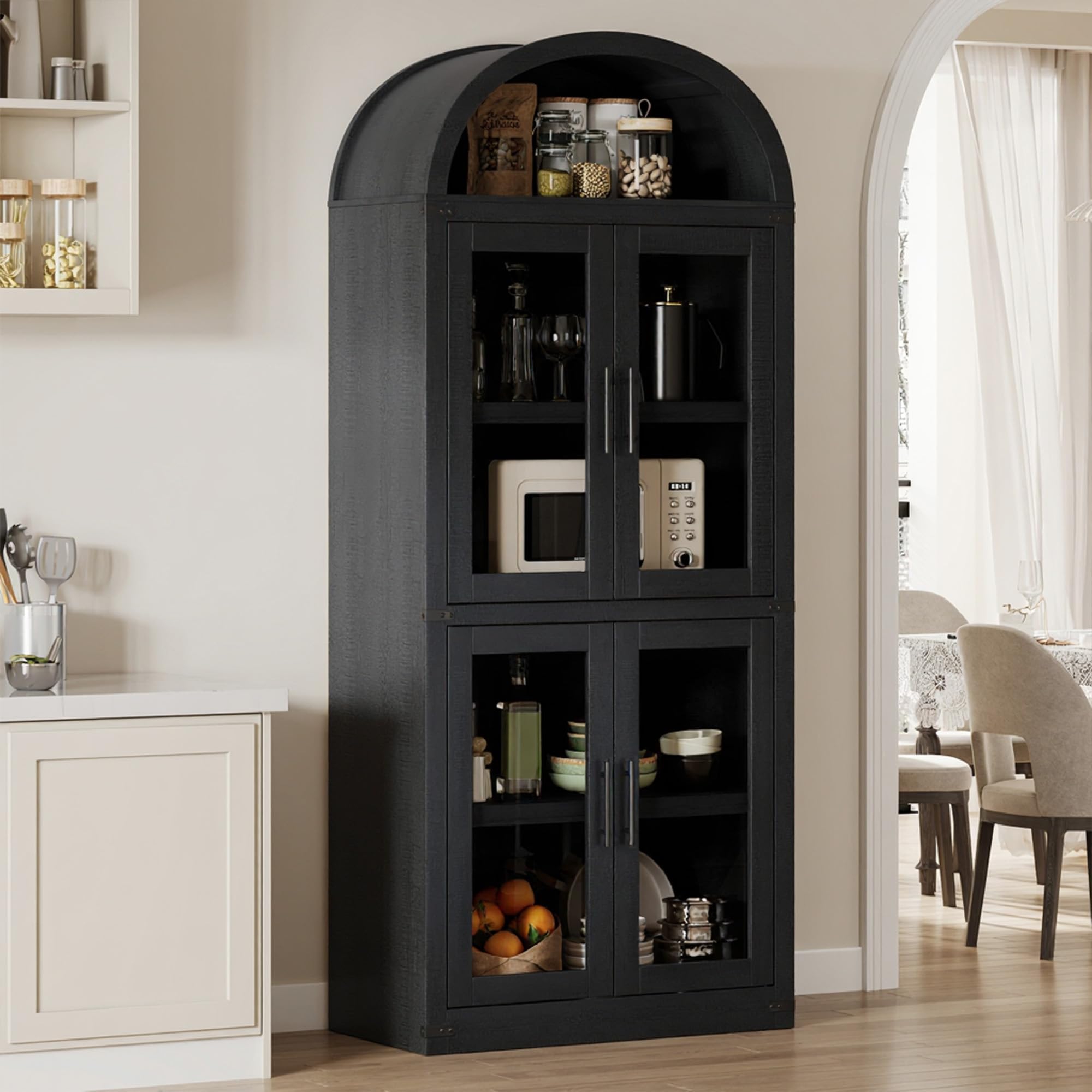 GustoWave 71.4'' Tall Farmhouse Bookcase, 5 Tier Arched Bookshelf with Double Doors & Adjustable Shelf, Display Storage Shelves (Black)