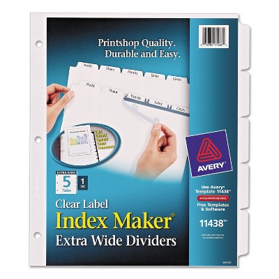 Avery Print & Apply Clear Label Dividers w/White Tabs 5-Tab 11 1/4 x 9 1/4 11438
