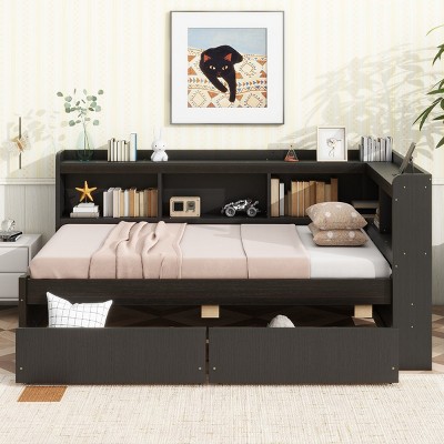 Twin Size Bed with L-shaped Bookcases & USB Charging Ports, Solid Wood Frame Bed with Storage Drawers for Small Spaces-Baofuwish