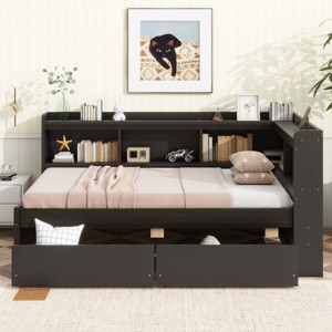 Twin Size Bed with L-shaped Bookcases & USB Charging Ports, Solid Wood Frame Bed with Storage Drawers for Small Spaces-Baofuwish - 1 of 4