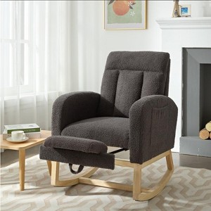 Modern Accent Rocking Chair Rocking Chair with Solid Wood Legs, adjustable Footrest,Comfy Armchair with Side Pocket, Living Room Lounge Arm Chair - 1 of 4