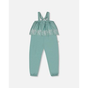 Deux par Deux Girl Chambray Jumpsuit with Embroidery Light Blue - 1 of 4